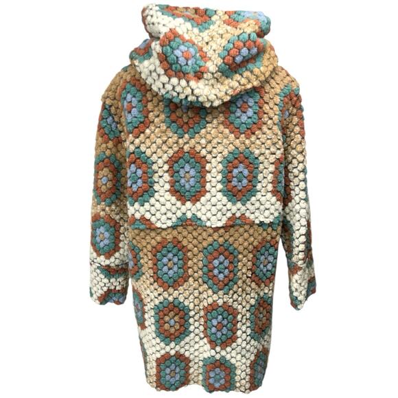 Italian Women's Granny Square Multicolor Floral Hooded Button Coat Jacket Sz S - Picture 2 of 6